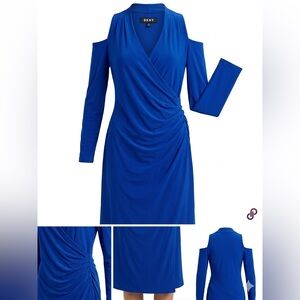 DKNY Vibrant Blue Faux Wrap Dress Long Sleeve Ruched Bodycon Cocktail Party M